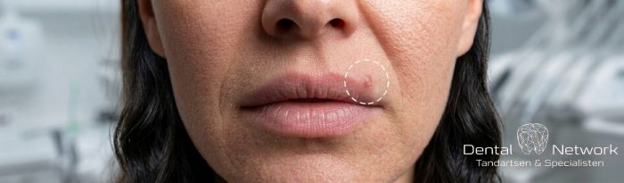 Vrouw met koortslip waarbij de koortslip is omcirkeld door een witte cirkel met onderbroken witte streepjes